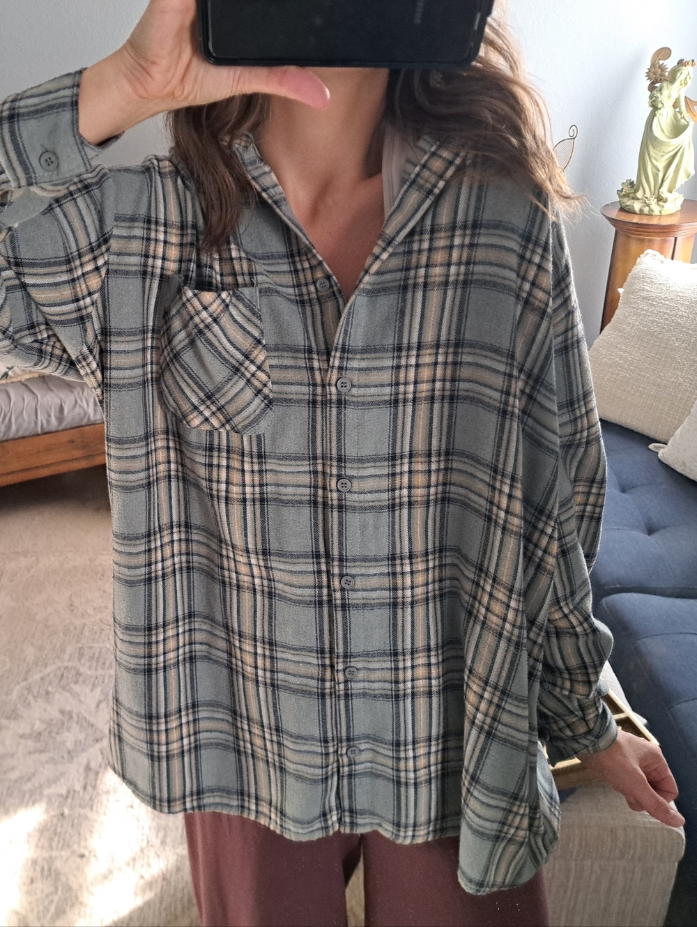 Audrey 3+1 Green and Tan Plaid Oversized Button Down Shirt Size S/M